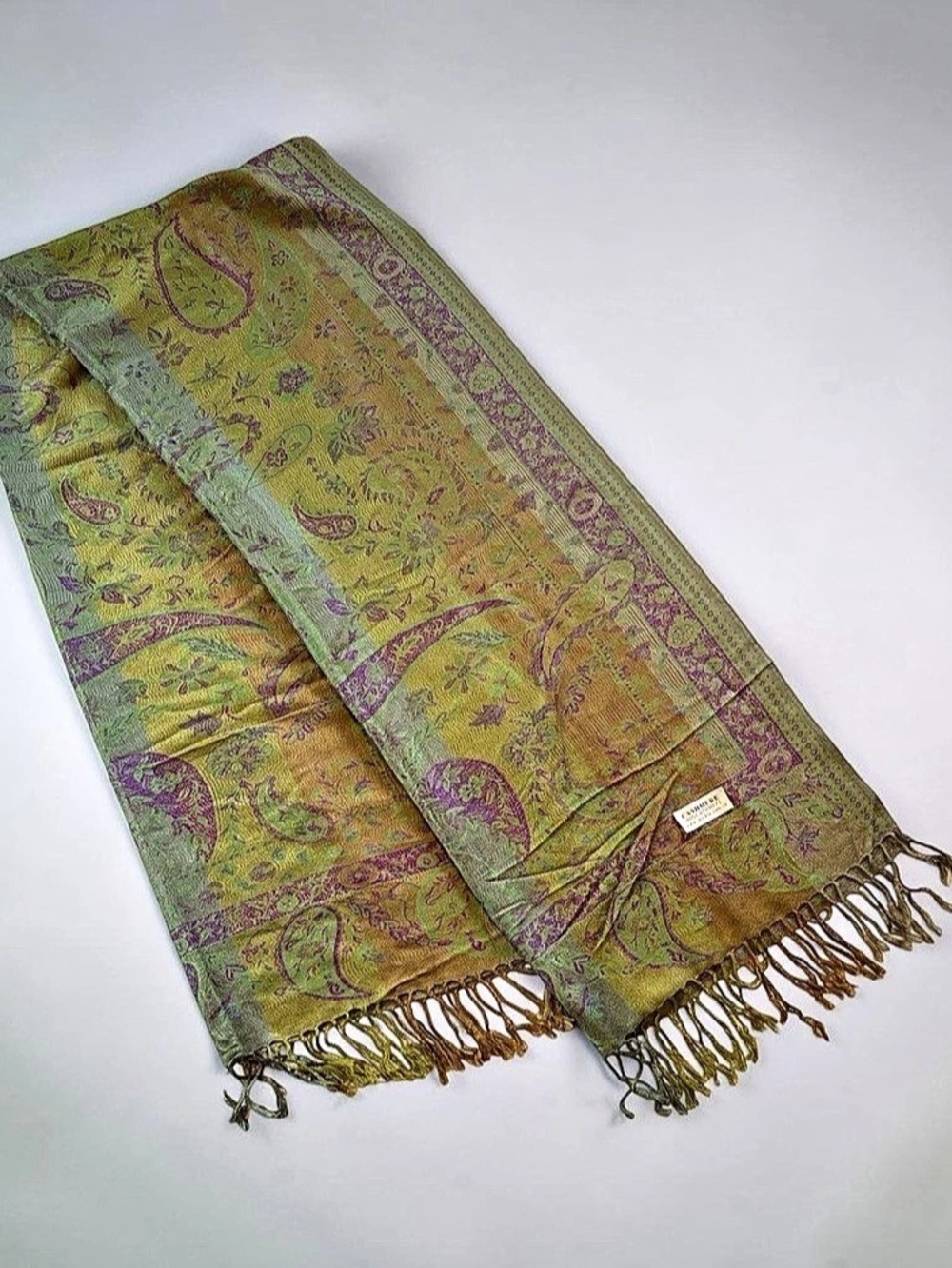 Cashmere Paisley Scarf in Green & Brown